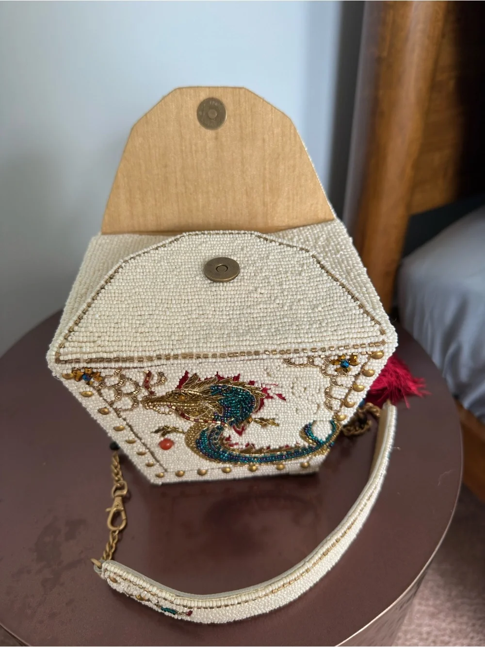 Mary Frances Fully Beaded Ivory Dragon Evening Clutch with Red Tassel NWOT - Picture 5 of 6